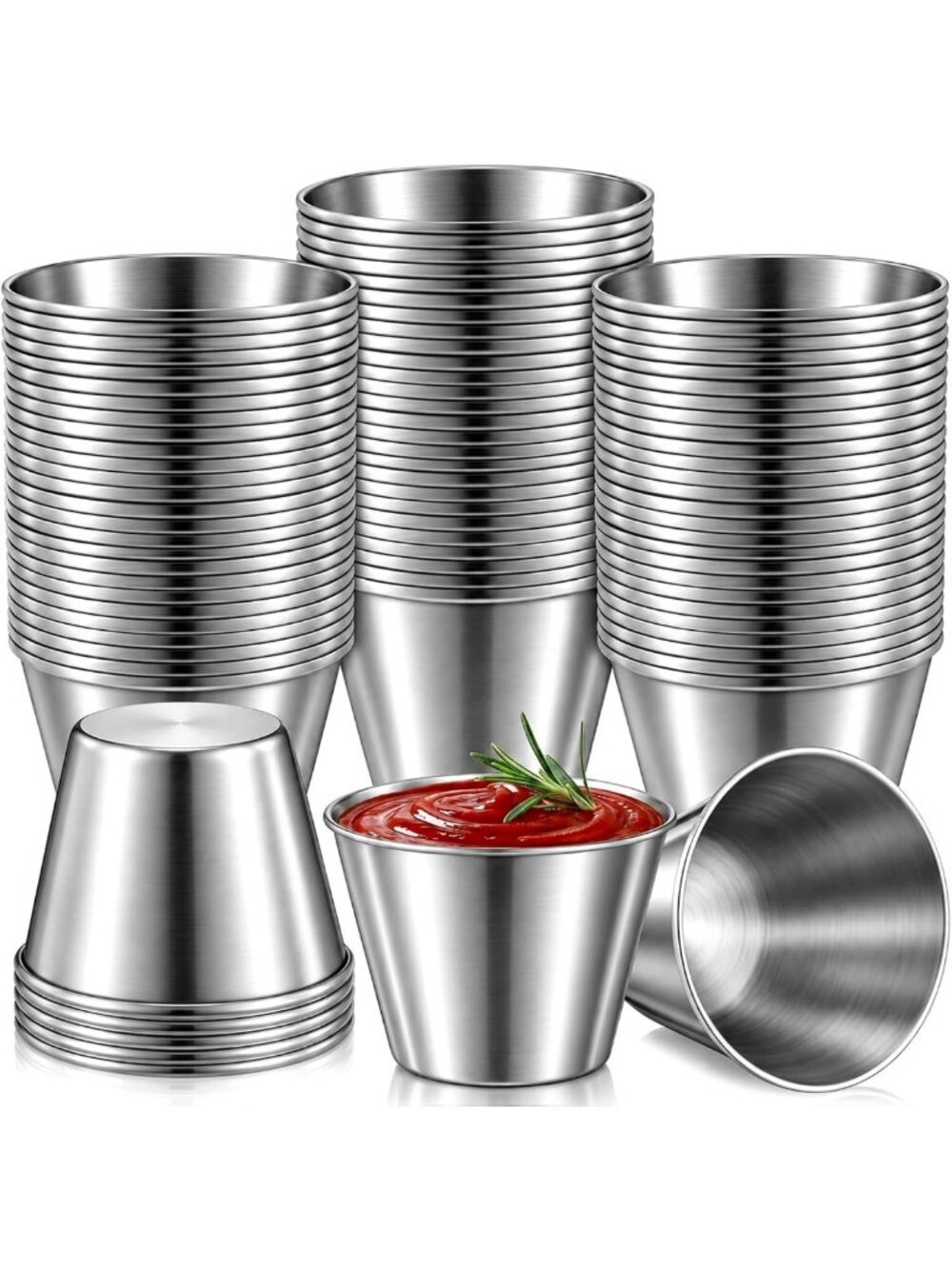 100 Pcs Stainless Steel Dipping Sauce Cups - 2.5oz Metal Ramekins for Parties